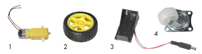 Piezas del kit 1 a 4: motor de engranaje, ruedas, soporte para pilas y rueda loca