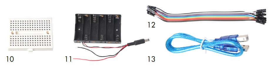 Mini placa de prueba, soporte para pilas, cables conectores de colores y cable usb de nuestro kit de montaje arduino