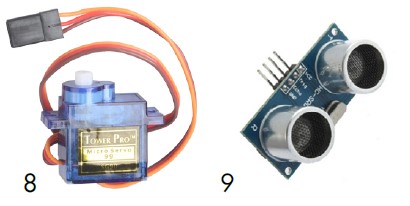 Servomotor y módulo de ultrasonidos de nuestro kit de montaje arduino