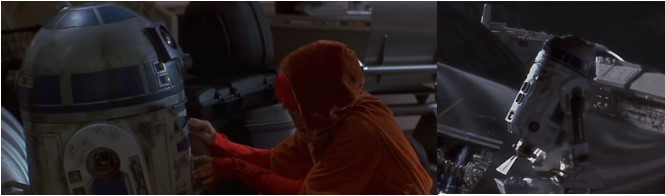 Robot Star Wars R2D2 siendo limpiado por Padme Amidala