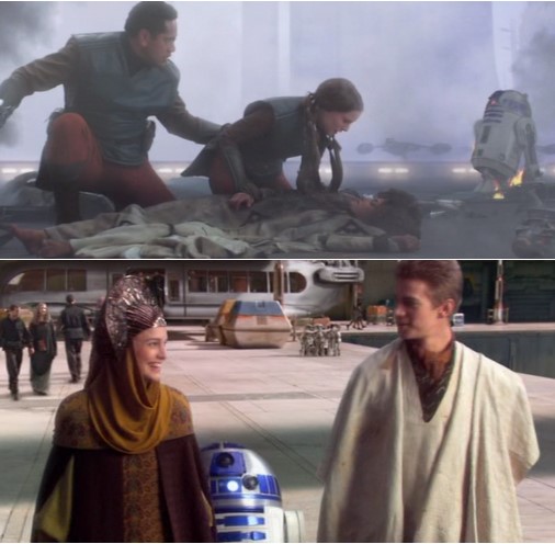Robot Star Wars R2D2 en un atentado contra Padme y acompañando a Padme y Anakin