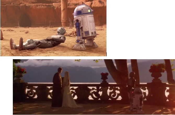 Robot Star Wars R2D2 arreglando la cabeza de C3PO en Geonosis y en la boda de Padme y Anakin