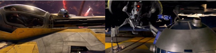 Robot Star Wars R2D2 en la batalla con Grievous y siendo atacado por droides zumbadores