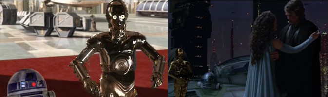 Robot Star Wars R2D2 felicitado por el rescate de Palpatine y en casa de Padme cuando acude Anakin
