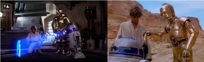Robot Star Wars R2D2 transmitiendo el mensaje de Leia a Obi Wan y Luke. Y los dos droides yendo hacia la cueva de Obi Wan
