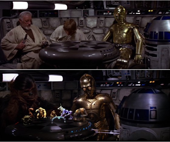 Robot Star Wars R2D2, C3PO, Luke y Obi Wan en el Halcón Milenario
