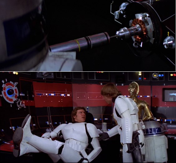 Robot Star Wars R2D2 paralizando el compactador de basura y en la escena en que Luke convence a Han Solo para rescatar a la princesa Leia