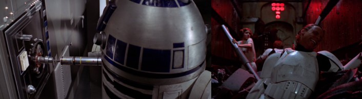 Robot Star Wars R2D2 y los protagonistas a punto de morir en el compactador de basura de la nave del Imperio