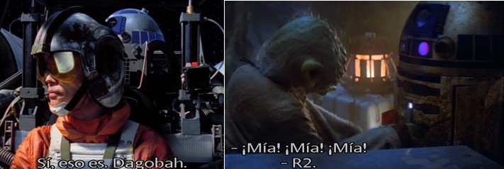 Robot Star Wars R2D2 llegando a Dagobah con Luke Skywalker y R2 interactuando con Yoda