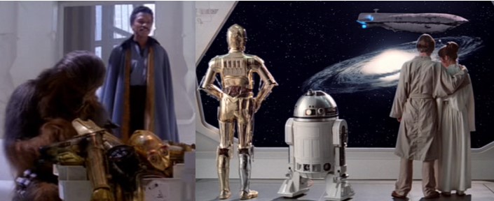Lando Calrissian con C3PO desmantelado y Robot Star Wars R2D2 con C3PO, Luke y Leia después de su nuevo brazo biónico.