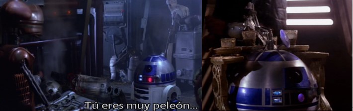 Robot Star Wars R2D2 en dos escenas en la guarida de Jabba The Hut