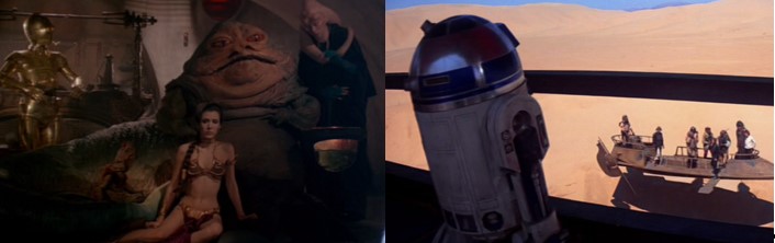 Leia encadenada en la guarida de Jabba The Hut y Robot Star Wars R2D2 esperando oportunidad para escapar 