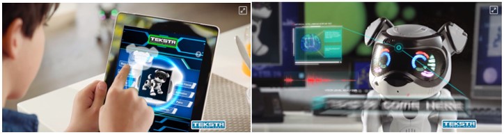 Niño manejando con el iPad a Teksta el perro robot
