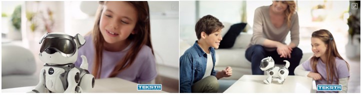 Niña y niño con Teksta, perro robot para niños
