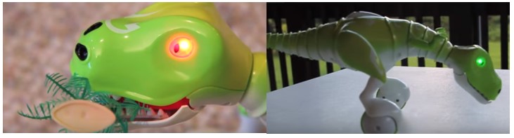 Detalle de la cabeza del robot dinosaurio Dino y al anochecer