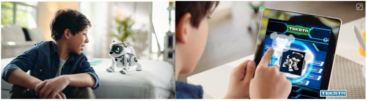 Niño hablando al perro robot de Teksta y manejando su app