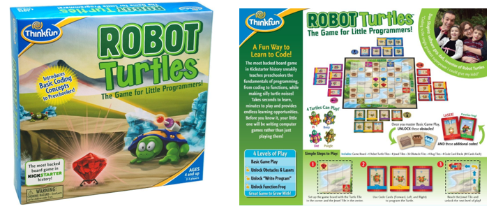 Juegos de robots de tablero para niños Robot Turtles anverso y reverso del juego