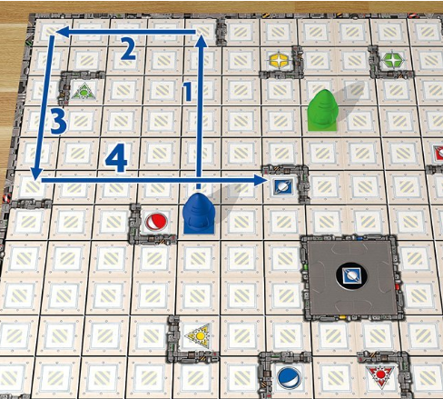 Camino para que el robot azul llegue a su objetivo en Ricochet Robots