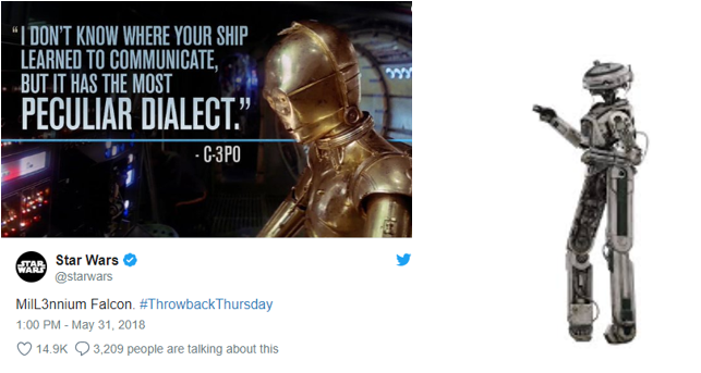 Tweet oficial de Star Wars sobre C3PO, L3-37 y el Halcón Milenario