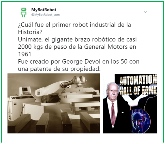 Tweet de @MyBotRobot_com sobre Unimate el primer brazo robótico industrial