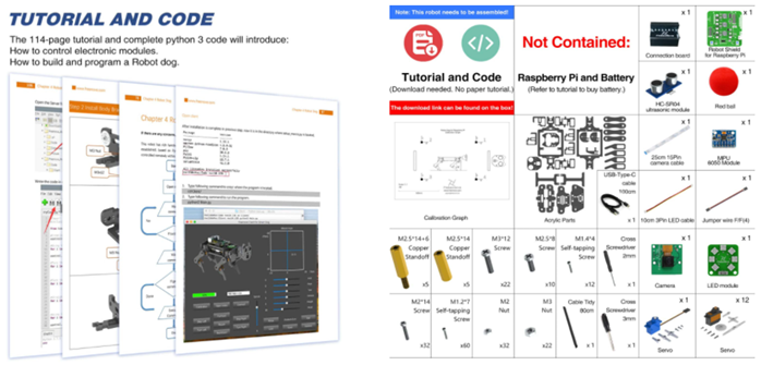 Muestra del libro tutorial y piezas del kit dog robot de Freenove 